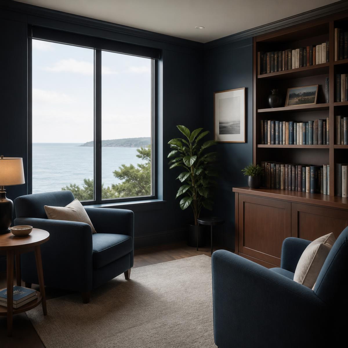 A quiet consultation room with armchairs and a window facing the sea